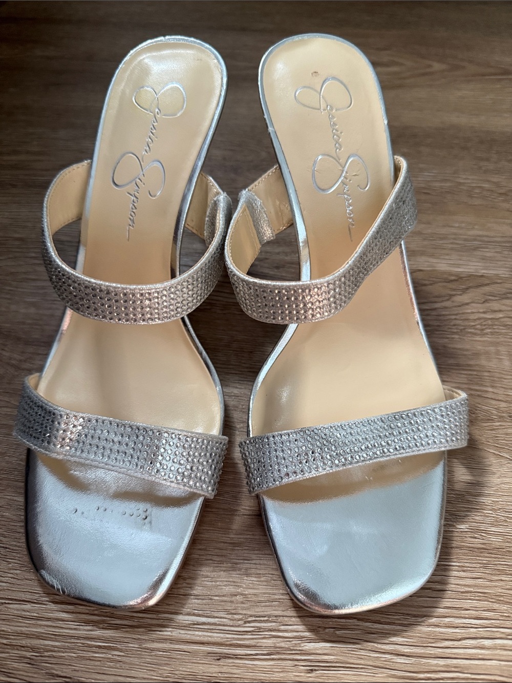 Jessica Simpson Metallic Silver Crystal-Strap Heeled Sandals